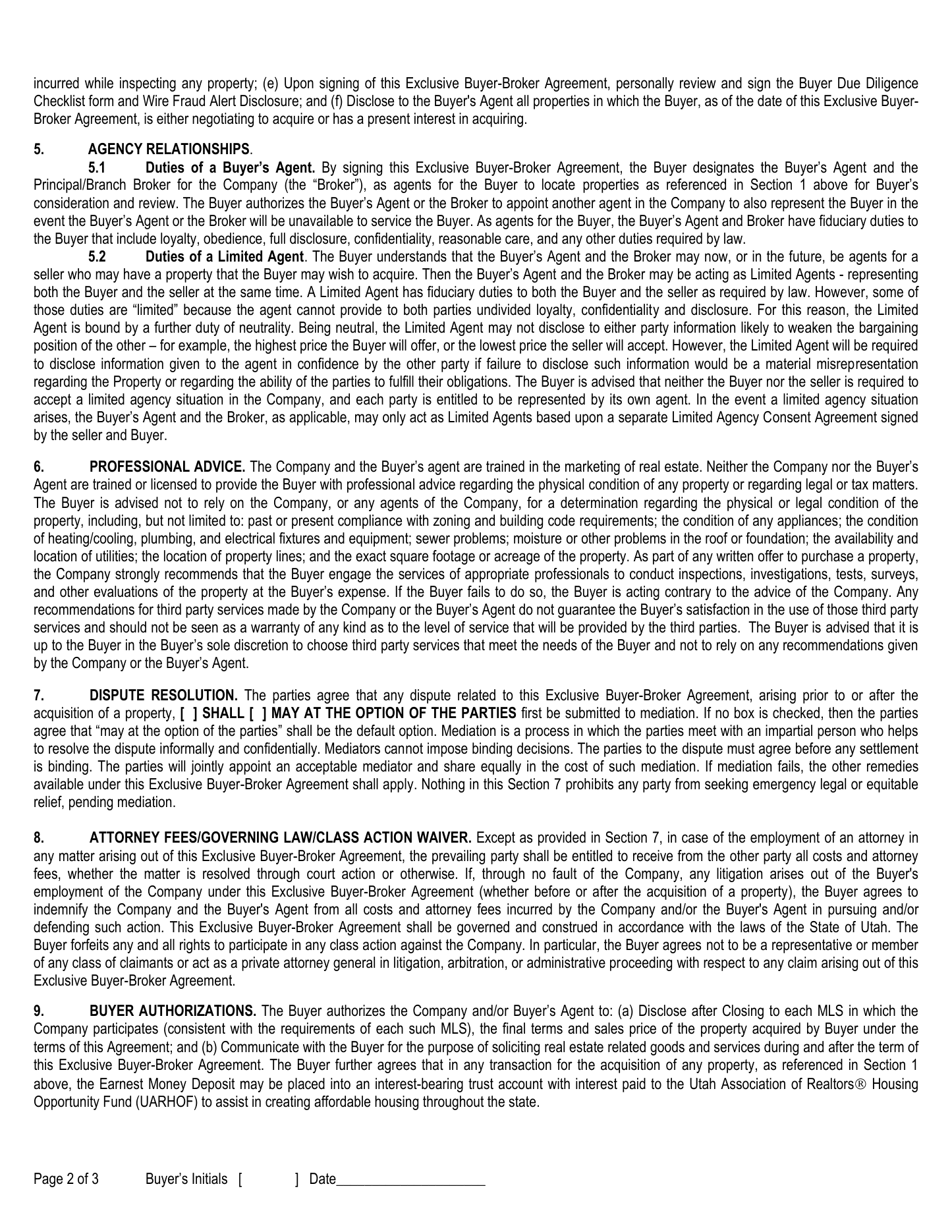 Exclusive Buyer-Broker Agreement & Agency Disclosure, UAR Form 6, page 2 of 3, blank